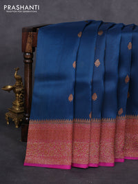Banarasi organza silk saree peacock blue and magenta pink with woven buttas and woven border