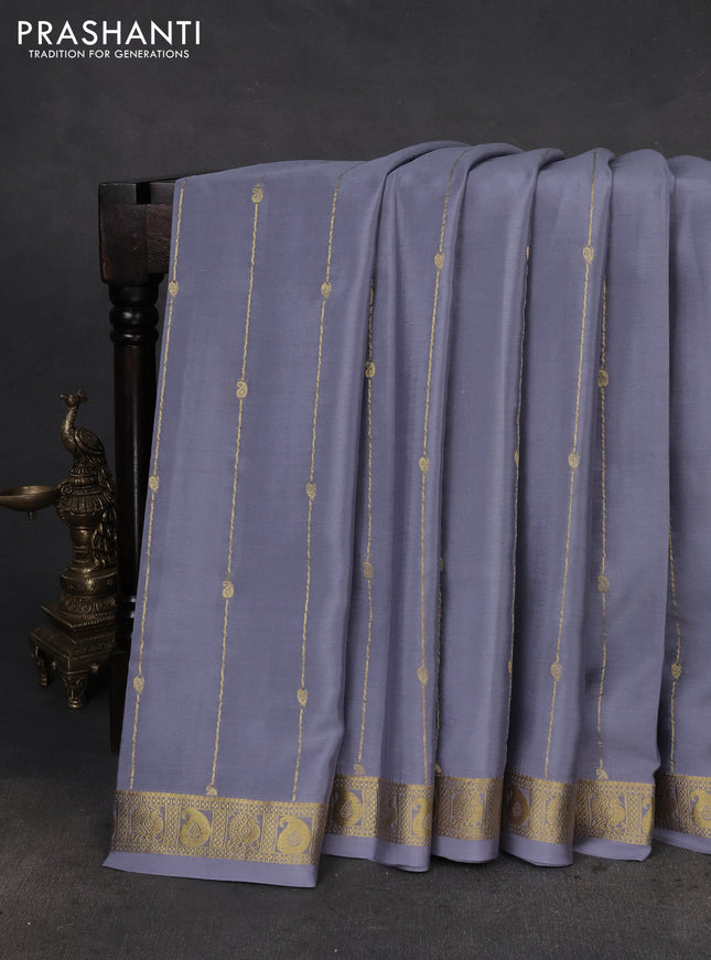 Pure mysore silk saree grey with allover zari weaves and zari woven border