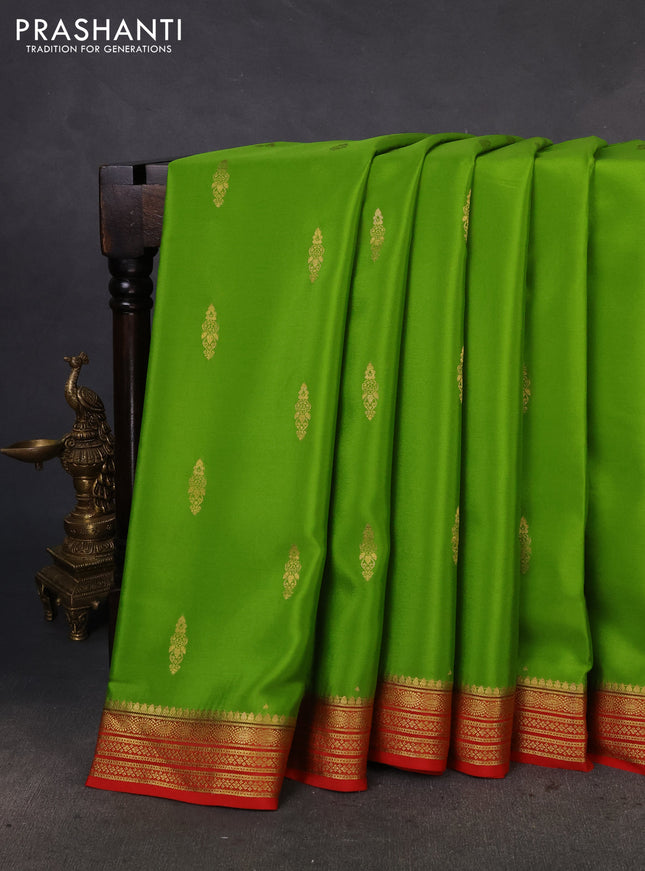 Pure mysore silk saree light green and red with zari woven buttas and zari woven border