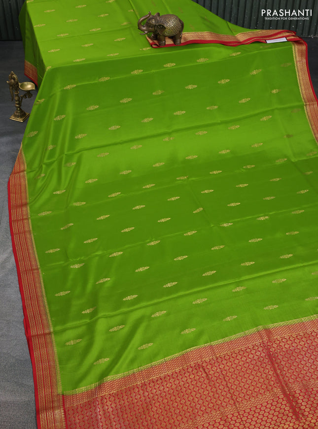 Pure mysore silk saree light green and red with zari woven buttas and zari woven border