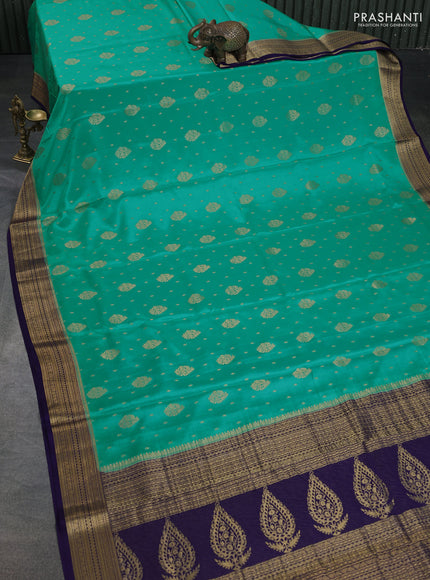 Pure mysore silk saree teal blue and blue with zari woven buttas and zari woven border
