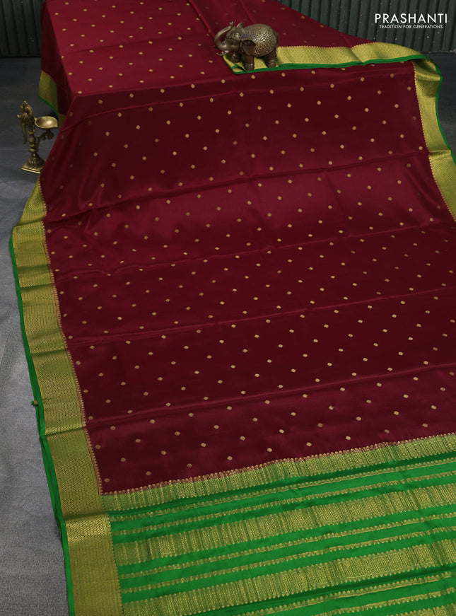 Pure mysore silk saree maroon and green with zari woven buttas and zari woven border
