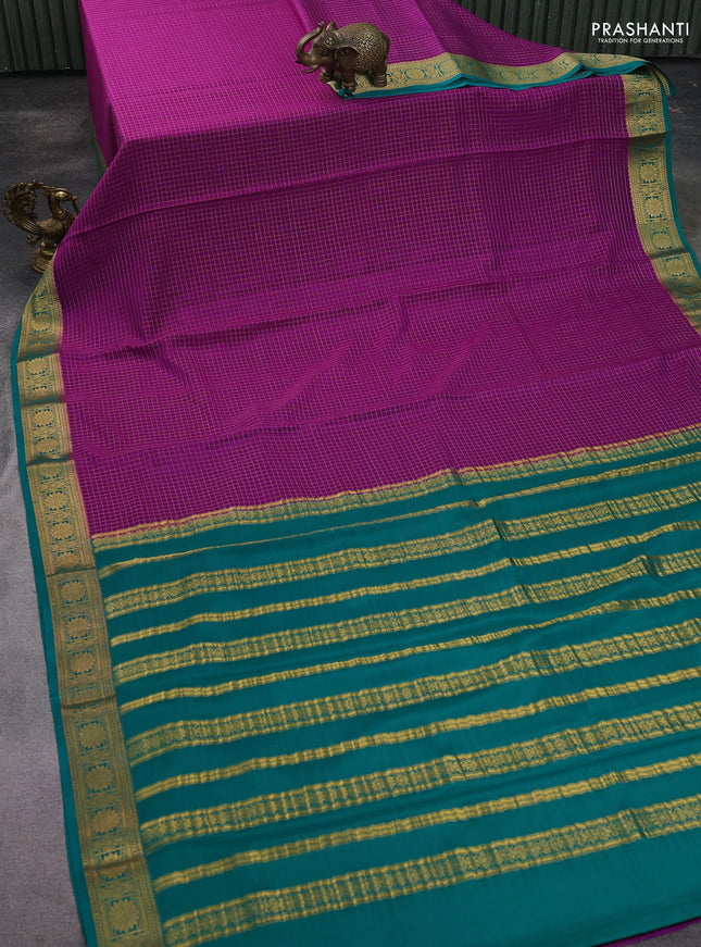 Pure mysore silk saree purple and green with allover zari checks and zari woven border