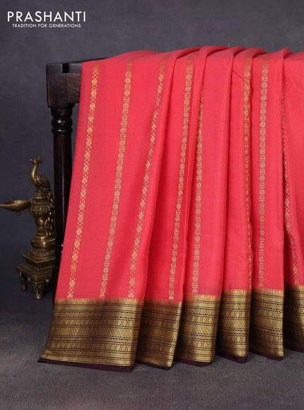 Pure mysore silk saree peach pink and coffee brown with allover zari weaves and zari woven border