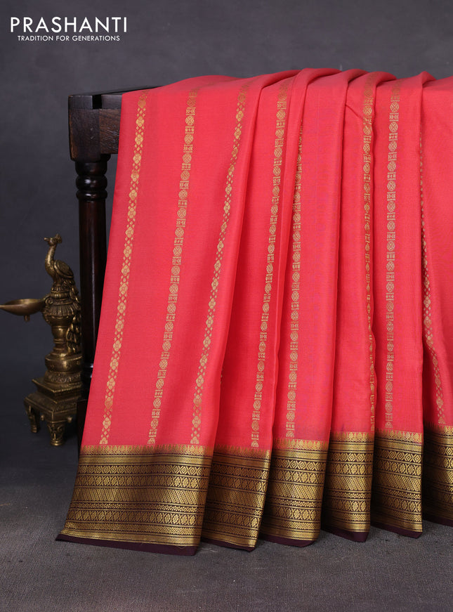 Pure mysore silk saree peach pink and coffee brown with allover zari weaves and zari woven border
