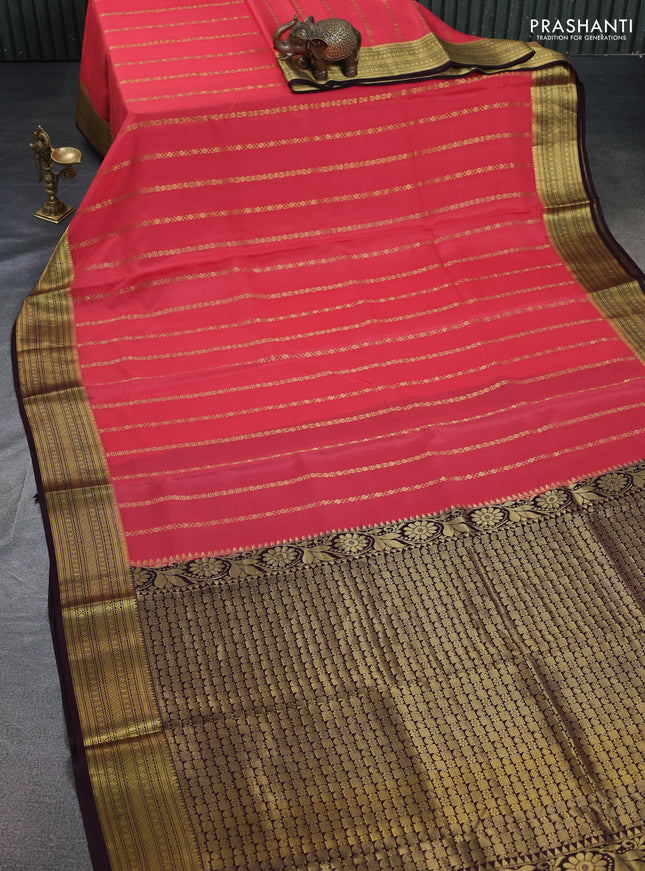 Pure mysore silk saree peach pink and coffee brown with allover zari weaves and zari woven border