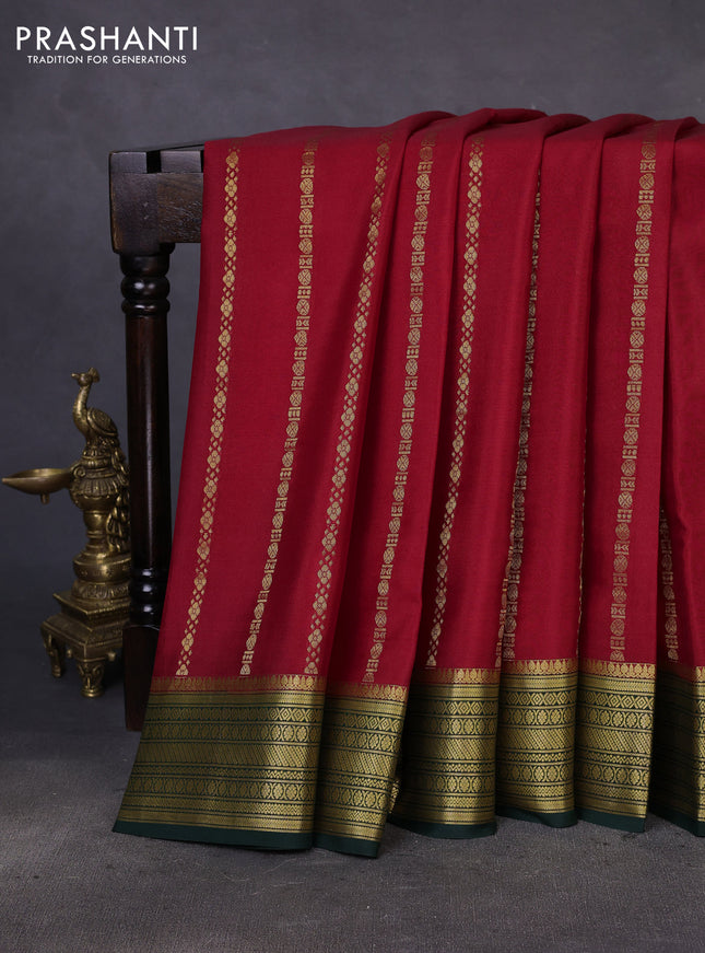 Pure mysore silk saree maroon and green with allover zari weaves and zari woven border