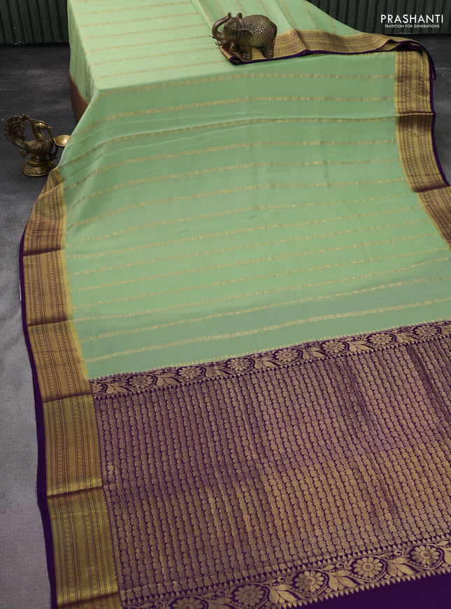 Pure mysore silk saree pista green and violet with allover zari weaves and zari woven border