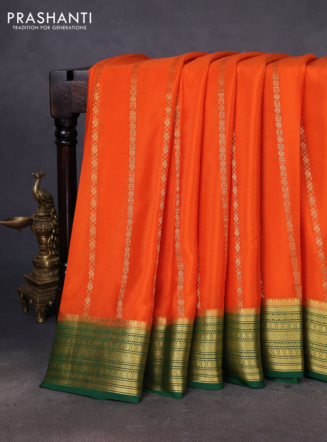 Pure mysore silk saree orange and green with allover zari weaves and zari woven border