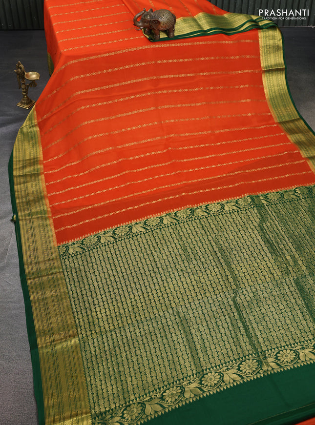 Pure mysore silk saree orange and green with allover zari weaves and zari woven border