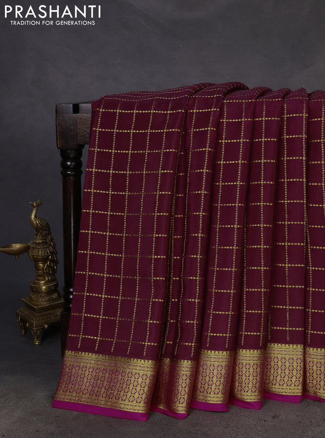 Pure mysore silk saree wine shade and pink with allover zari checks and zari woven border