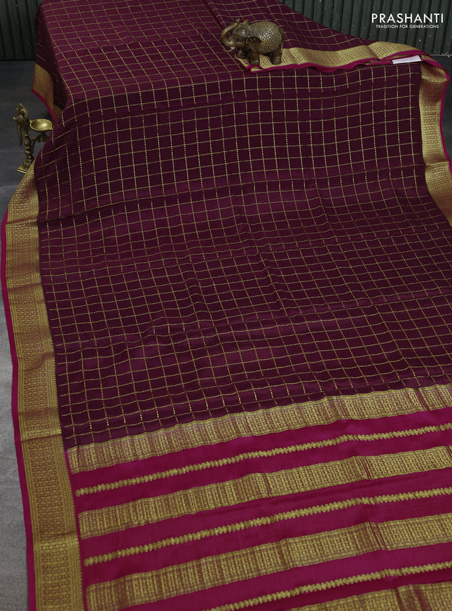 Pure mysore silk saree wine shade and pink with allover zari checks and zari woven border