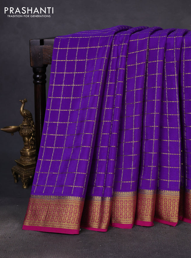 Pure mysore silk saree blue and pink with allover zari checks and zari woven border