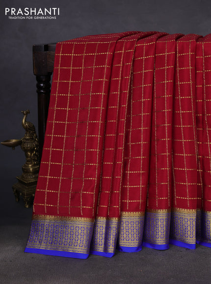 Pure mysore silk saree red and blue with allover zari checks and zari woven border