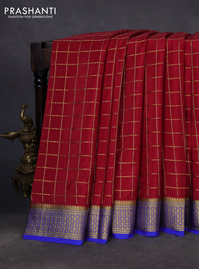 Pure mysore silk saree red and blue with allover zari checks and zari woven border