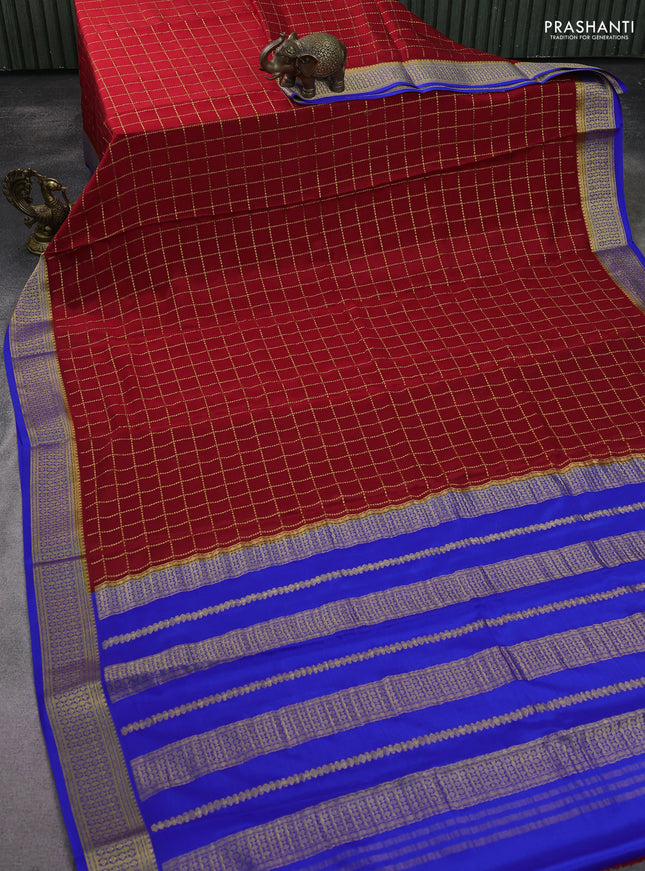 Pure mysore silk saree red and blue with allover zari checks and zari woven border