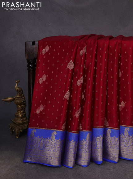 Pure mysore silk saree maroon and royal blue with zari woven buttas and zari woven border