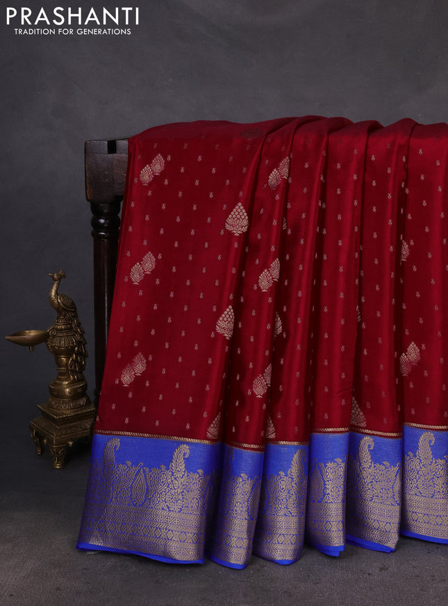 Pure mysore silk saree maroon and royal blue with zari woven buttas and zari woven border