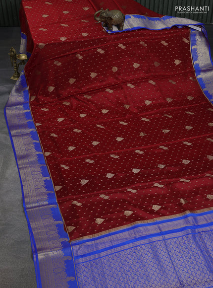 Pure mysore silk saree maroon and royal blue with zari woven buttas and zari woven border