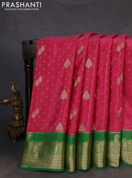 Pure mysore silk saree peach pink and green with zari woven buttas and zari woven border
