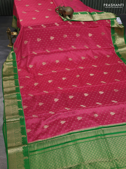 Pure mysore silk saree peach pink and green with zari woven buttas and zari woven border