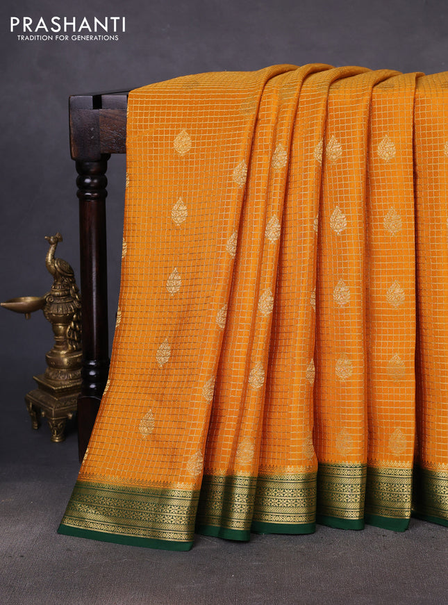 Pure mysore silk saree mango yellow and green with allover zari checked pattern & buttas and zari woven border