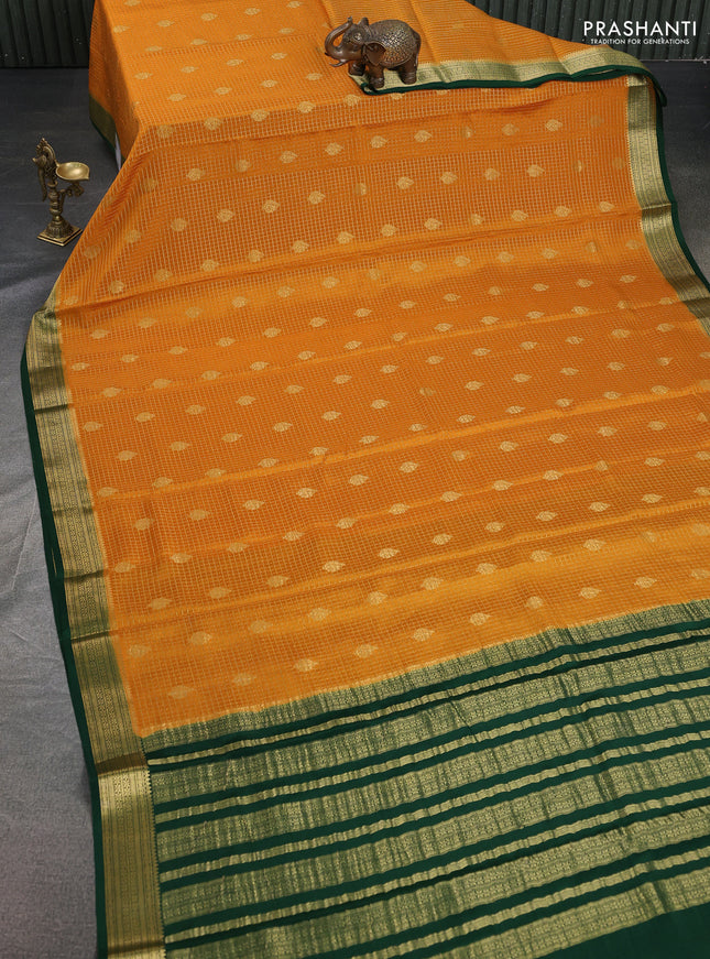 Pure mysore silk saree mango yellow and green with allover zari checked pattern & buttas and zari woven border