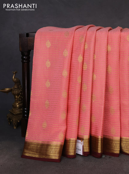 Pure mysore silk saree peach pink and maroon with allover zari checked pattern & buttas and zari woven border