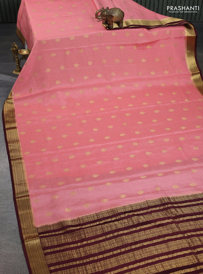 Pure mysore silk saree peach pink and maroon with allover zari checked pattern & buttas and zari woven border