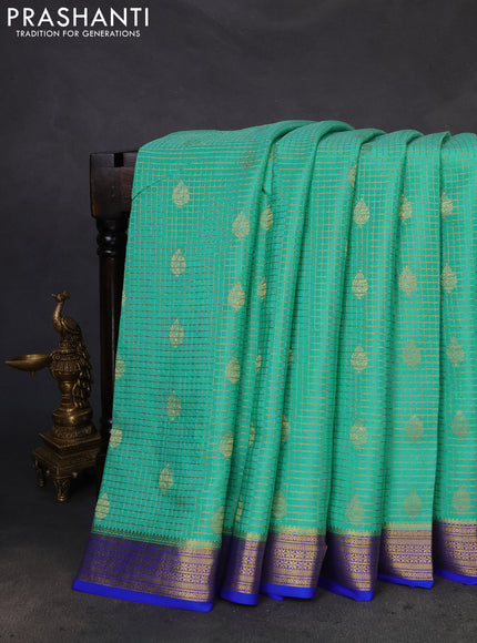 Pure mysore silk saree teal green and royal blue with allover zari checked pattern & buttas and zari woven border