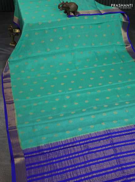 Pure mysore silk saree teal green and royal blue with allover zari checked pattern & buttas and zari woven border