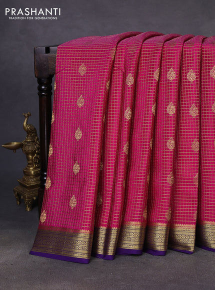 Pure mysore silk saree pink and violet with allover zari checked pattern & buttas and zari woven border