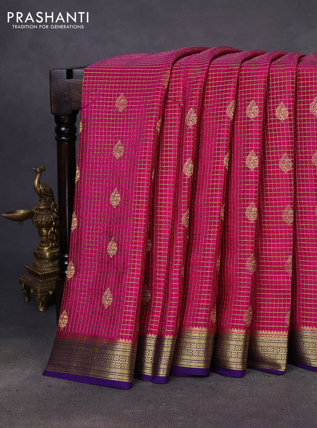 Pure mysore silk saree pink and violet with allover zari checked pattern & buttas and zari woven border