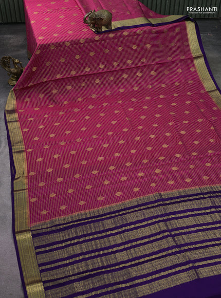 Pure mysore silk saree pink and violet with allover zari checked pattern & buttas and zari woven border
