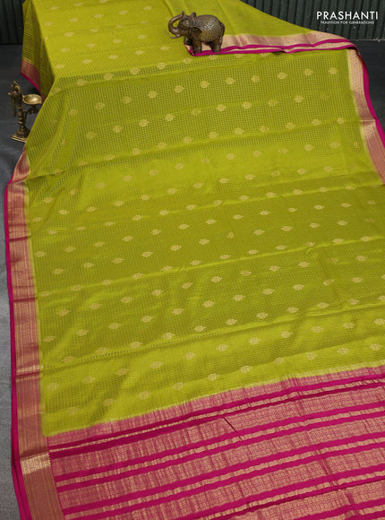 Pure mysore silk saree lime green and pink with allover zari checked pattern & buttas and zari woven border