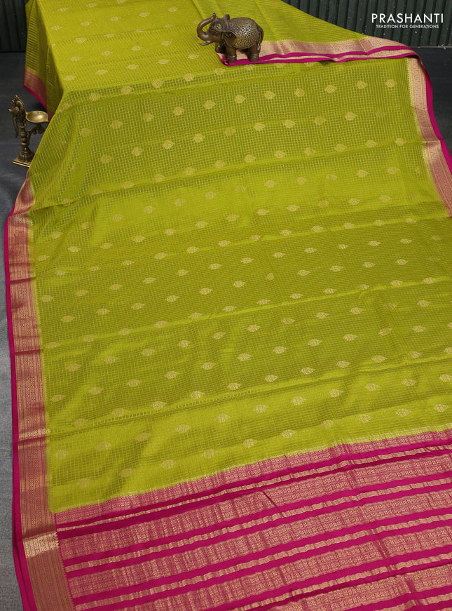 Pure mysore silk saree lime green and pink with allover zari checked pattern & buttas and zari woven border