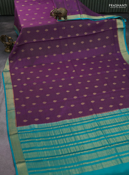 Pure mysore silk saree violet and teal blue with allover zari checked pattern & buttas and zari woven border