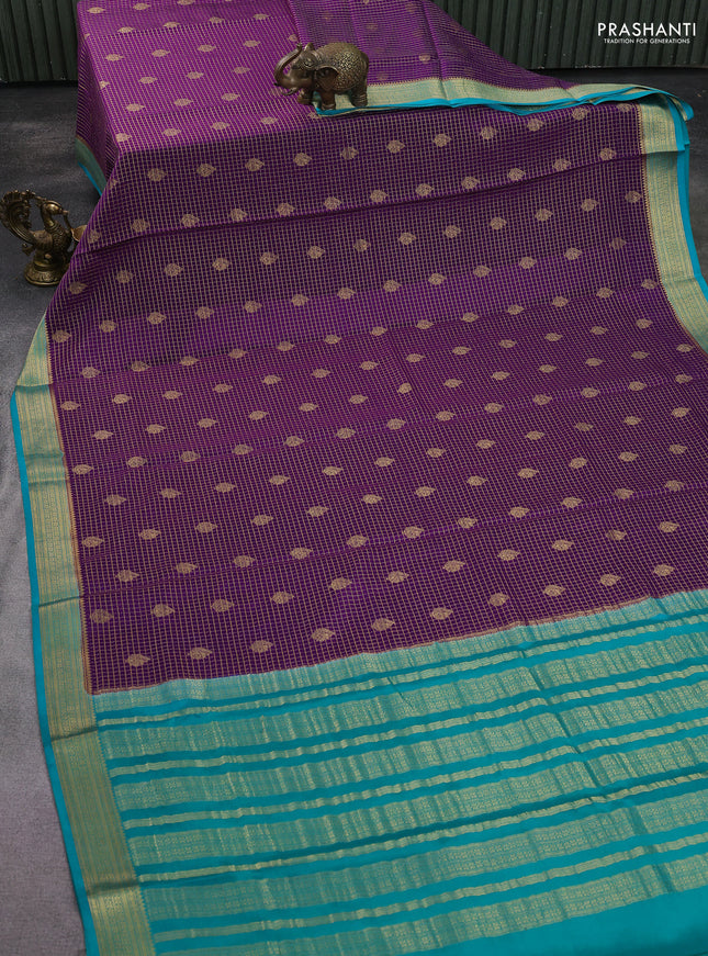 Pure mysore silk saree violet and teal blue with allover zari checked pattern & buttas and zari woven border