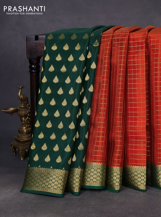 Pure mysore silk saree orange and green with allover zari checked pattern and zari woven border