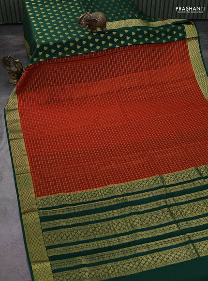 Pure mysore silk saree orange and green with allover zari checked pattern and zari woven border