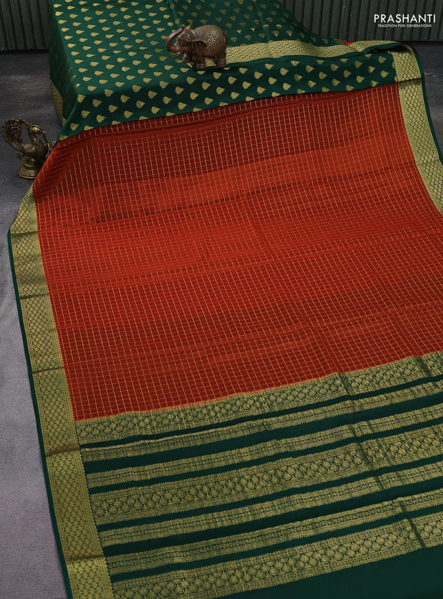 Pure mysore silk saree orange and green with allover zari checked pattern and zari woven border