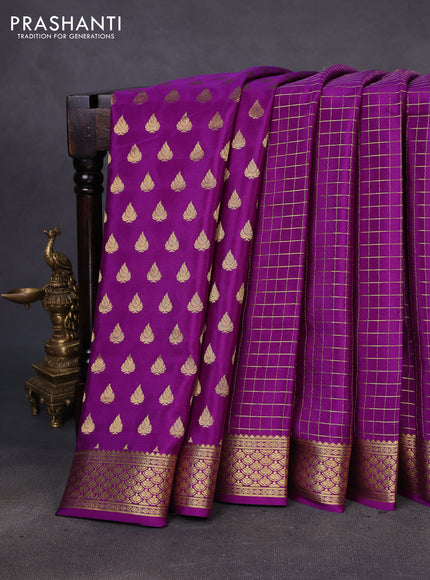 Pure mysore silk saree purple with allover zari checked pattern and zari woven border