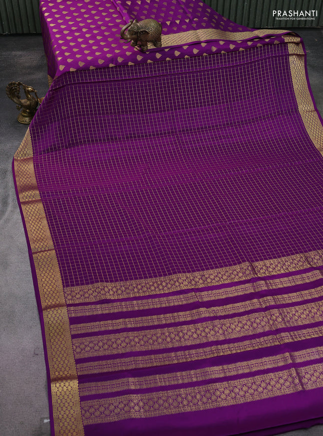 Pure mysore silk saree purple with allover zari checked pattern and zari woven border