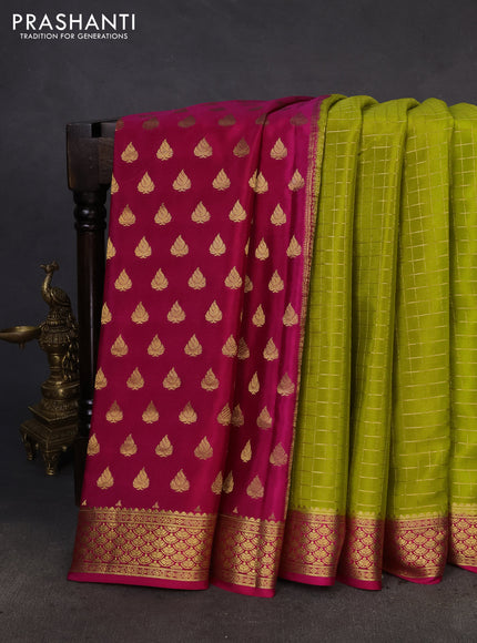 Pure mysore partly silk saree lime green and pink with allover zari checked pattern and zari woven border