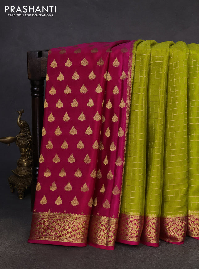 Pure mysore partly silk saree lime green and pink with allover zari checked pattern and zari woven border