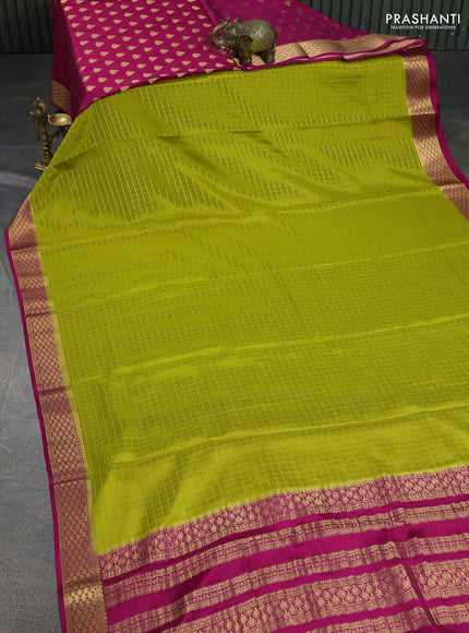 Pure mysore partly silk saree lime green and pink with allover zari checked pattern and zari woven border