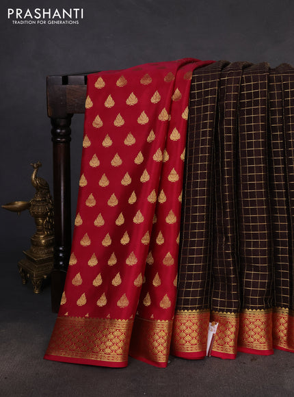 Pure mysore partly silk saree coffee brown and pink with allover zari checked pattern and zari woven border
