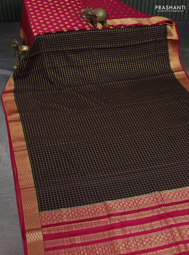 Pure mysore partly silk saree coffee brown and pink with allover zari checked pattern and zari woven border