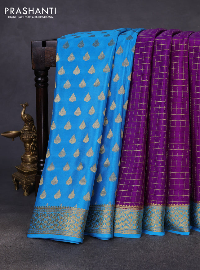 Pure mysore partly silk saree violet and cs blue with allover zari checked pattern and zari woven border