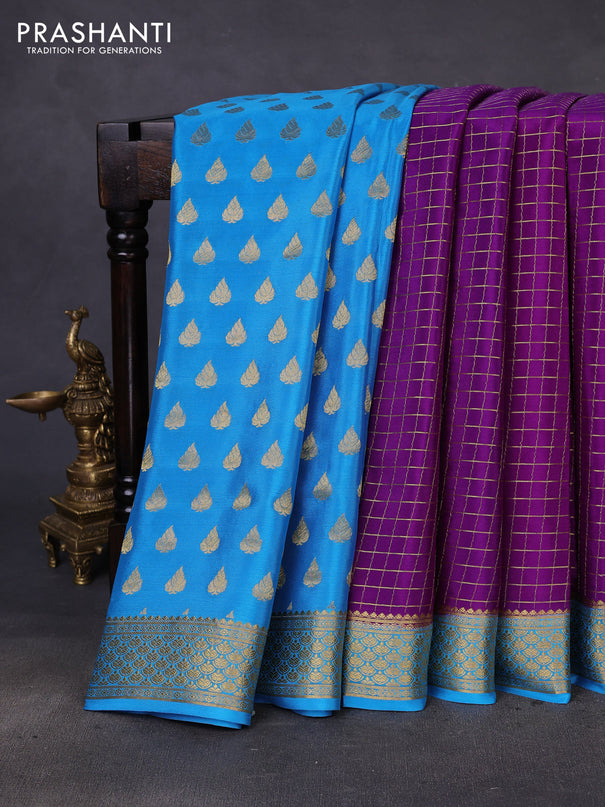 Pure mysore partly silk saree violet and cs blue with allover zari checked pattern and zari woven border